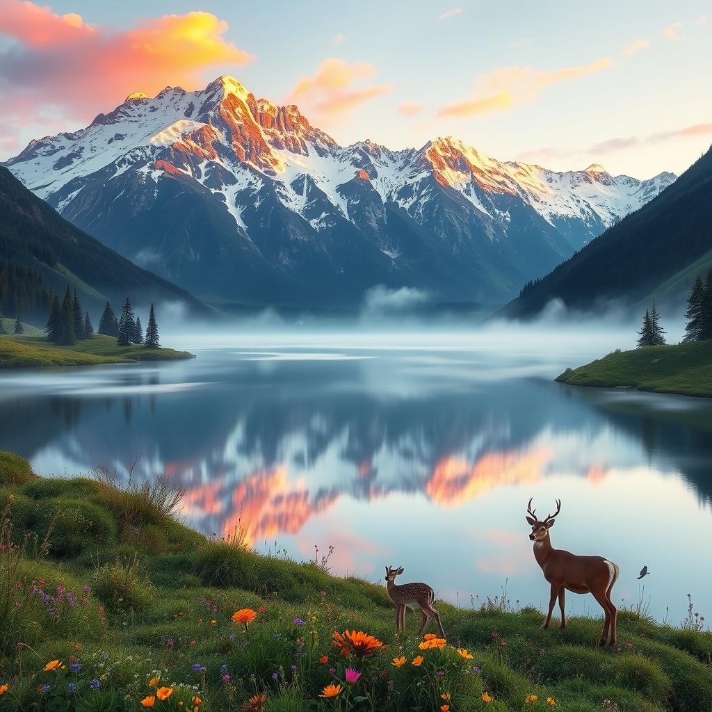 A stunning, ethereal landscape featuring a majestic mountain range with snow-capped peaks glowing in the soft light of dawn