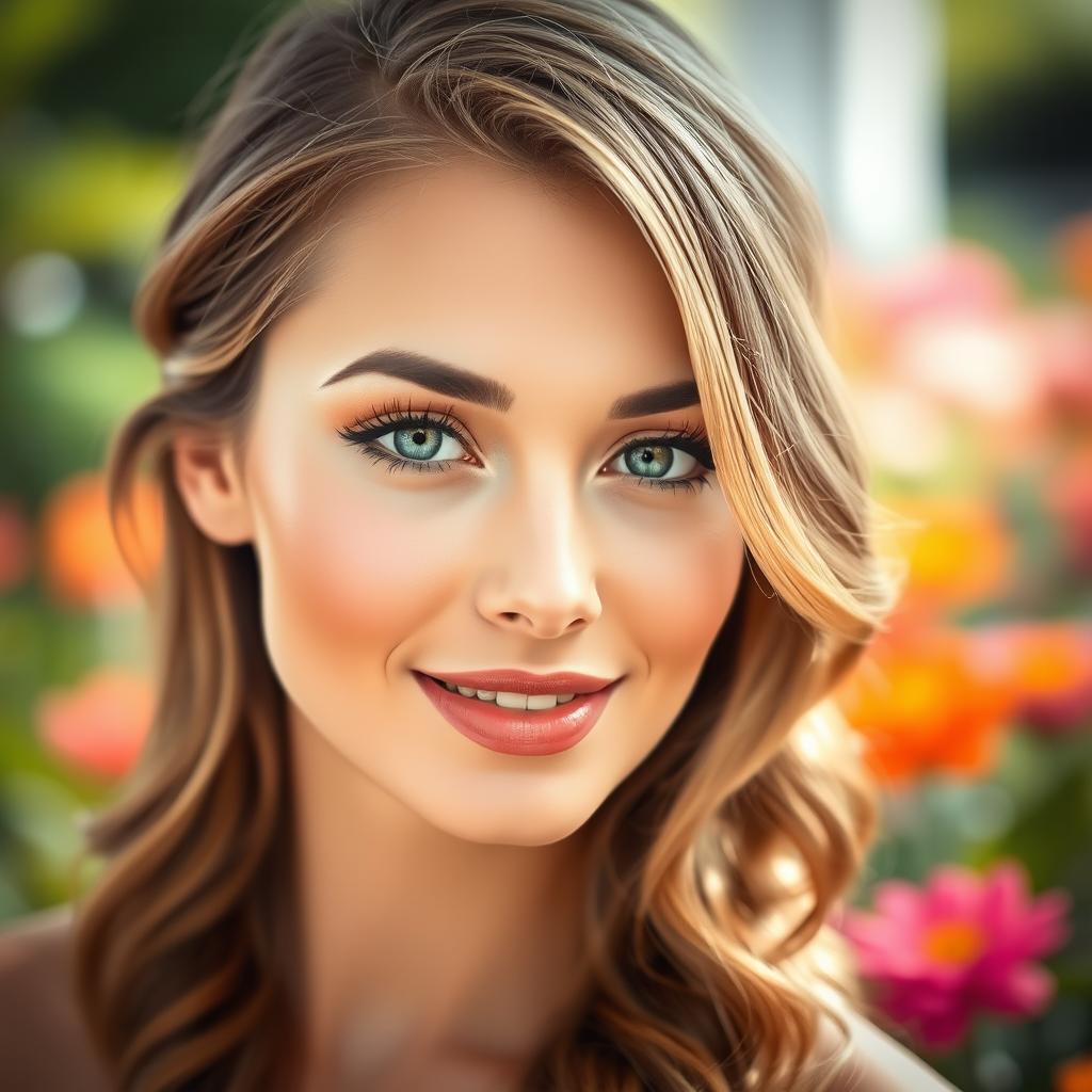 A beautifully enhanced portrait of a woman with flawless skin and bright, captivating eyes