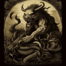 A fierce mythical creature symbolizing human greed in pursuit of worldly desires, depicted in the style of traditional 18th-century print art