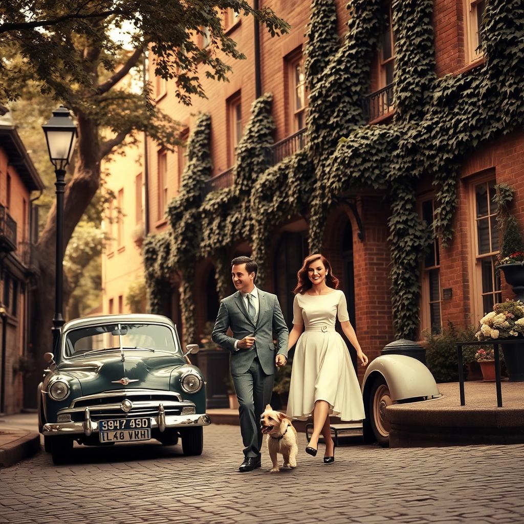 A vintage scene featuring a classic car parked on a cobblestone street, surrounded by quaint brick buildings adorned with ivy