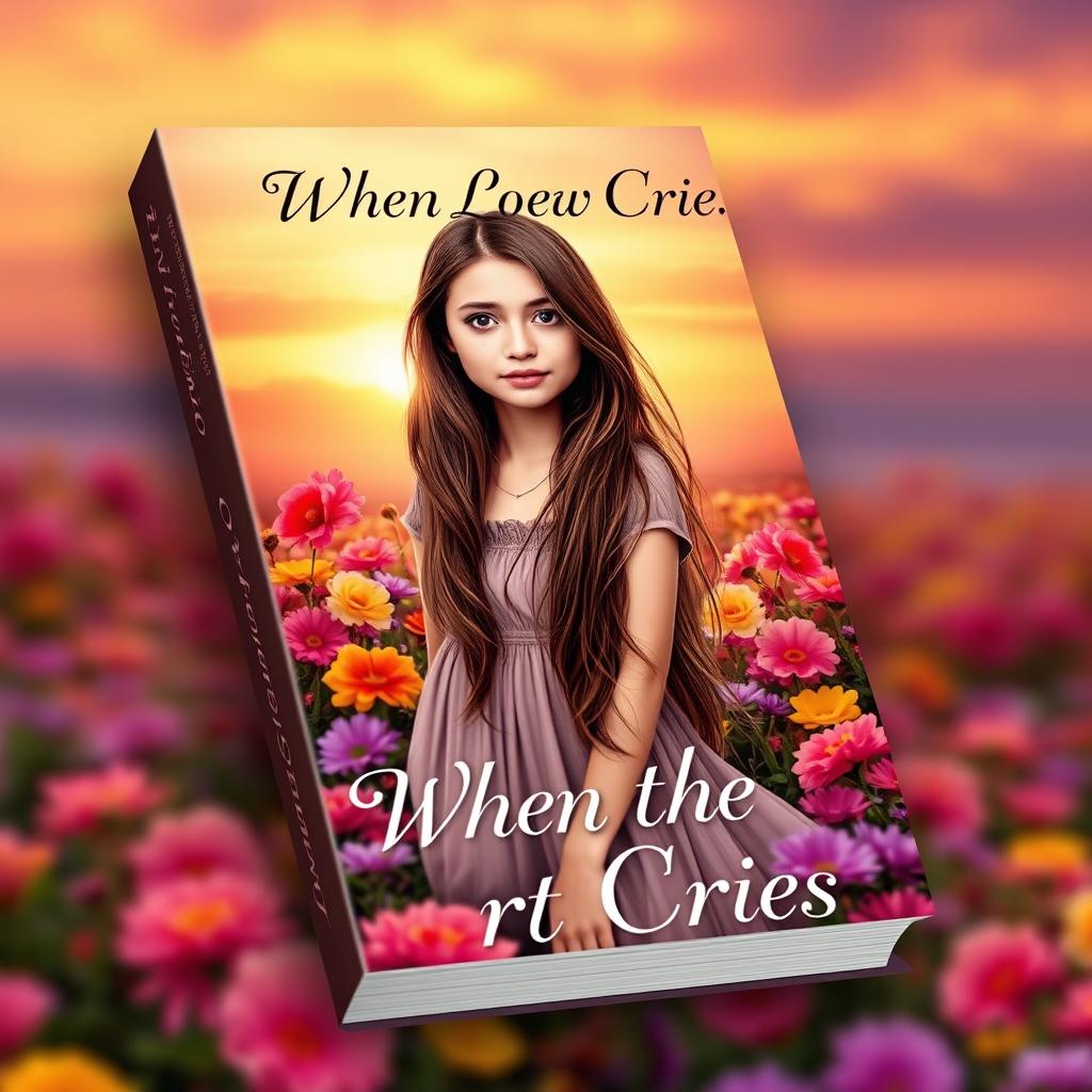 A book cover design featuring a crying woman with long hair, wearing a cute, flowing dress in a vibrant flower garden