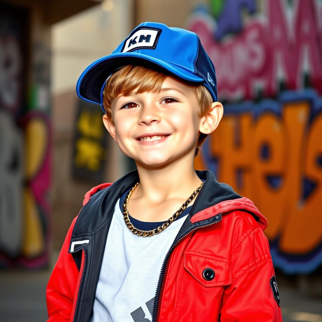 A stylish portrait of a young boy, around 10 years old, dressed in a modern, trendy outfit with a cool baseball cap