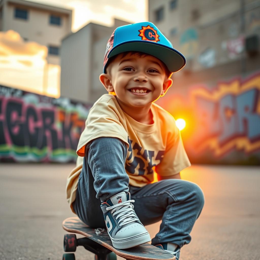 A joyful boy wearing a colorful and vibrant baseball cap, sitting on a skateboard, with an energetic smile on his face