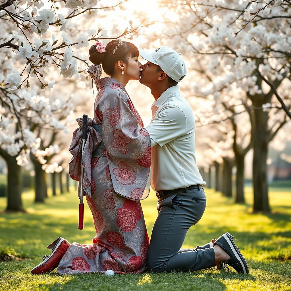 A scene depicting two people in a close embrace that resembles a kiss, representing a cultural blend of Japan and golf