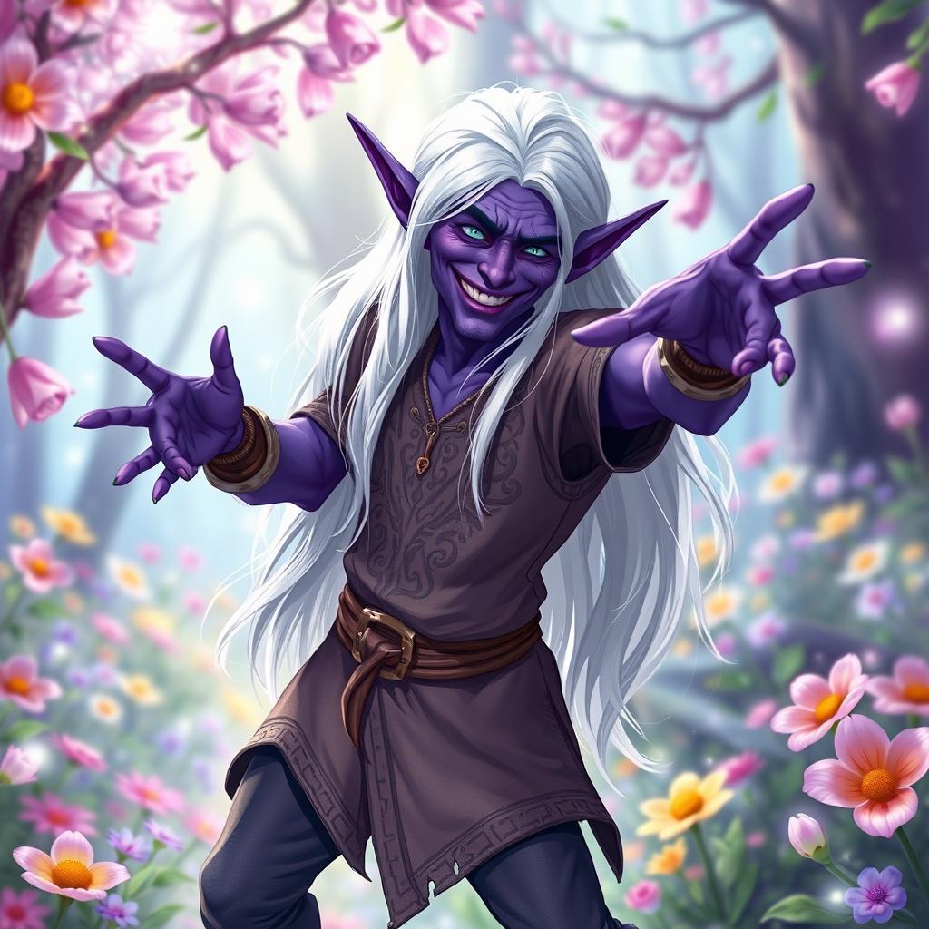 A playful drow elf man with striking purple skin and long, flowing white hair, striking an amusing pose as if he is trying to make someone laugh