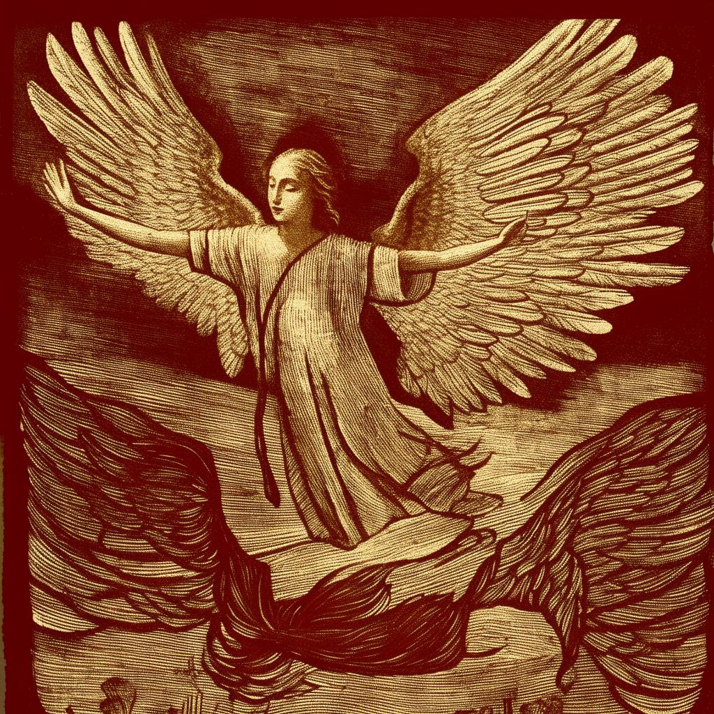 An angelic figure spreading knowledge to earth, portrayed using the technique of wood printmaking