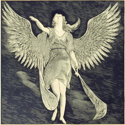 An angelic figure spreading knowledge to earth, portrayed using the technique of wood printmaking