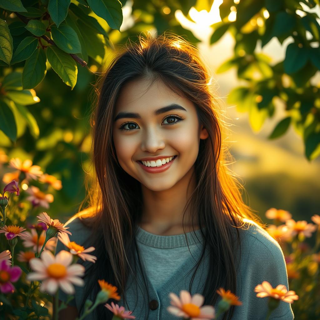 A stunning portrait that captures the beauty and charisma of a young adult with distinct facial features, bright eyes, and a warm smile