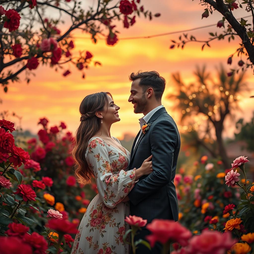 A captivating and romantic scene featuring a couple in a lush, vibrant garden