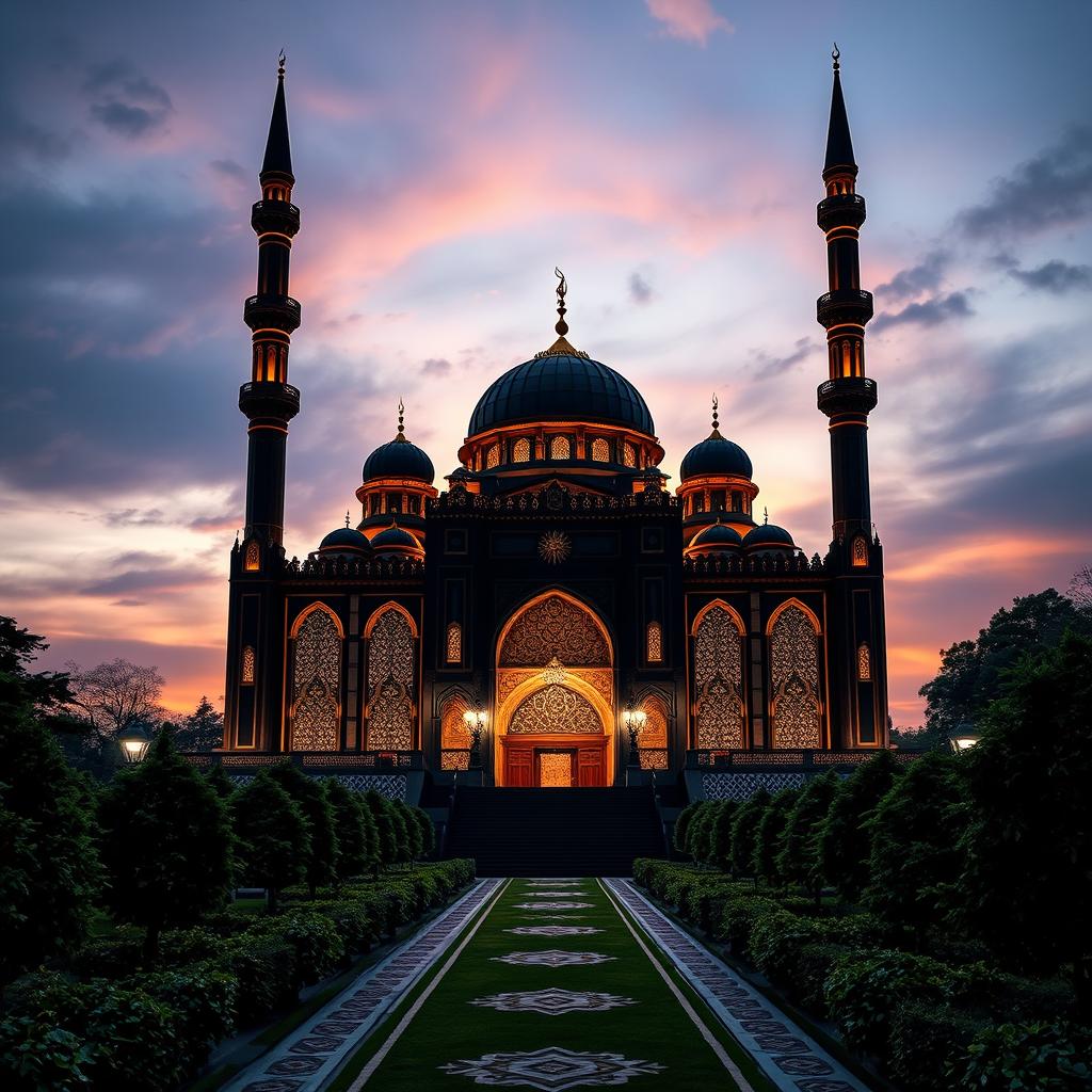 A majestic black mosque set against a twilight sky, featuring intricate architectural details and elegant minarets