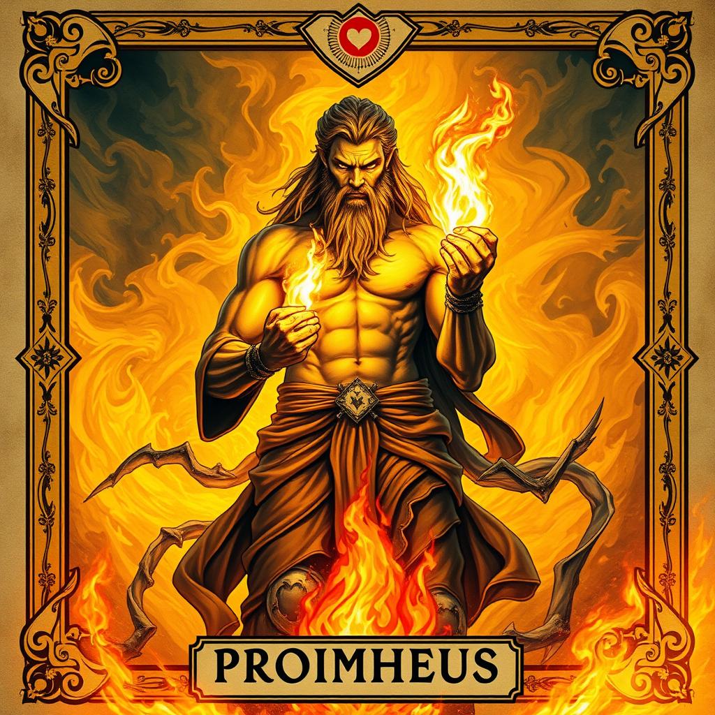 A fantasy tarot card depicting Prometheus, the Titan god, as he embodies the theme of fire