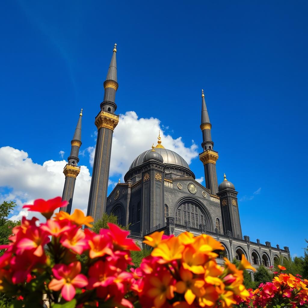 A stunning view of a grand black mosque with intricate architecture, featuring tall minarets adorned with golden accents