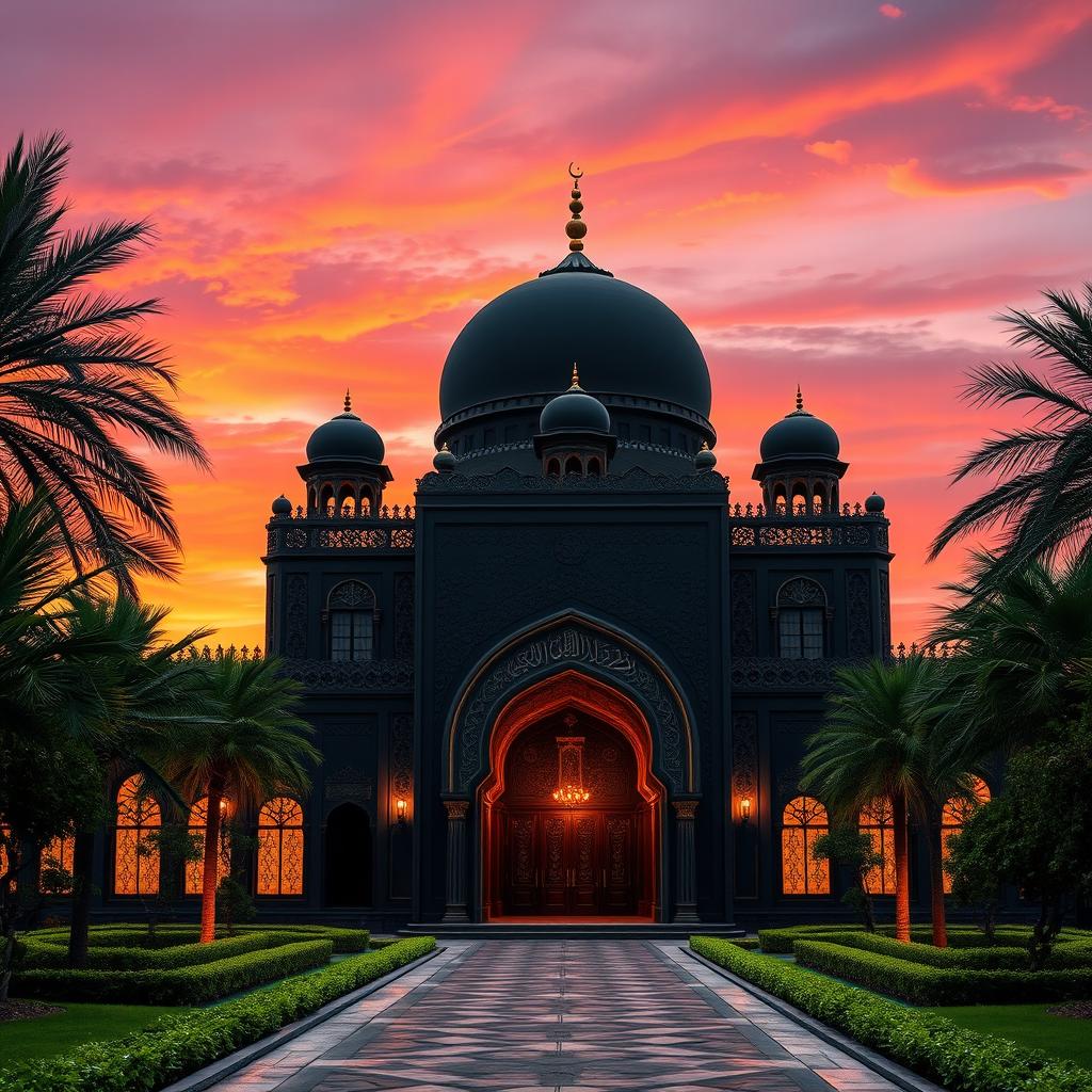 A stunning view of a grand black mosque, featuring intricate architectural details such as domes and minarets
