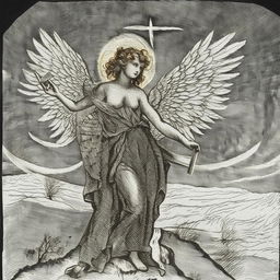 An angelic figure spreading knowledge to earth, portrayed using the technique of wood printmaking