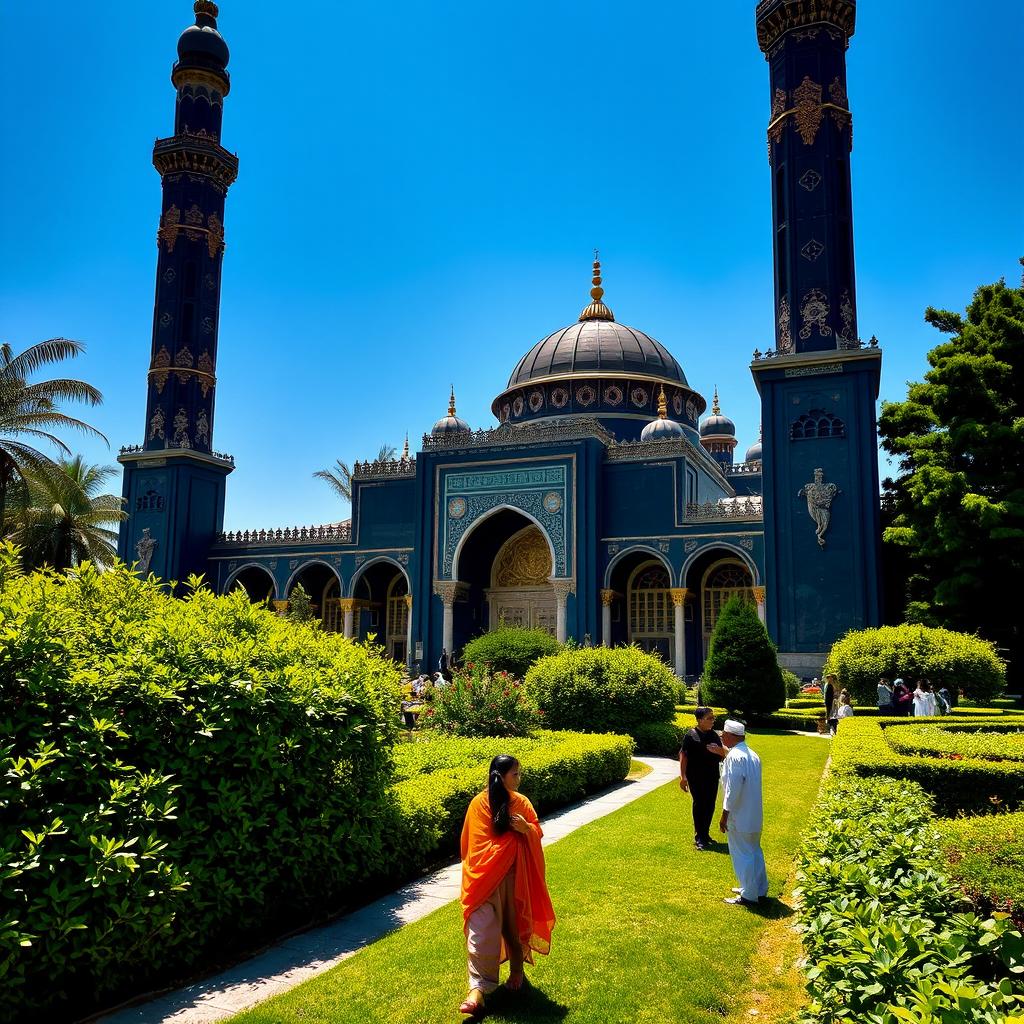 A stunning black mosque with intricate designs and beautiful architecture, surrounded by lush green gardens