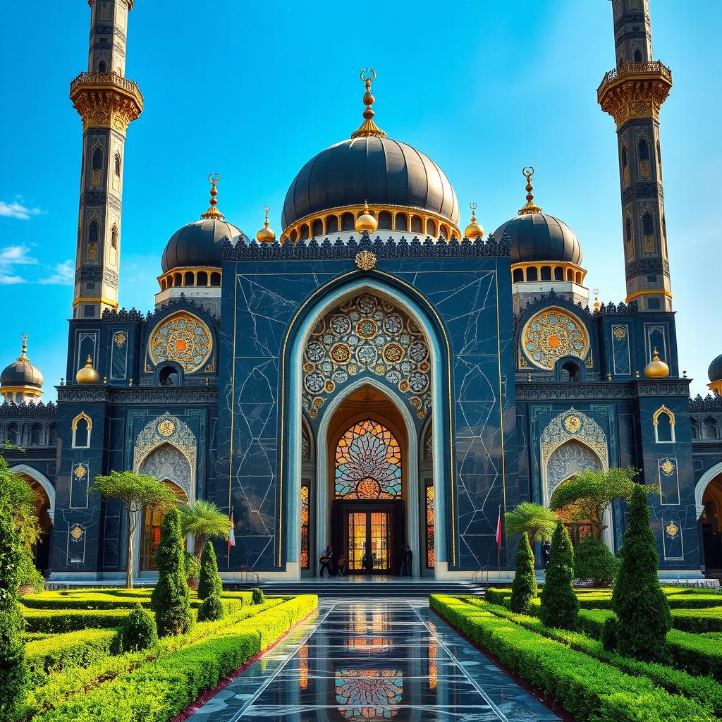 A stunning, grand mosque featuring an architecture with deep black marble, intricate carvings, and golden accents