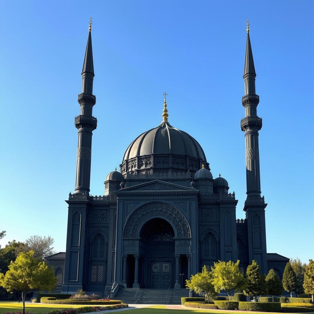 A stunningly designed fully black mosque with intricate architectural details, showcasing ornate carvings and geometric patterns on its facade