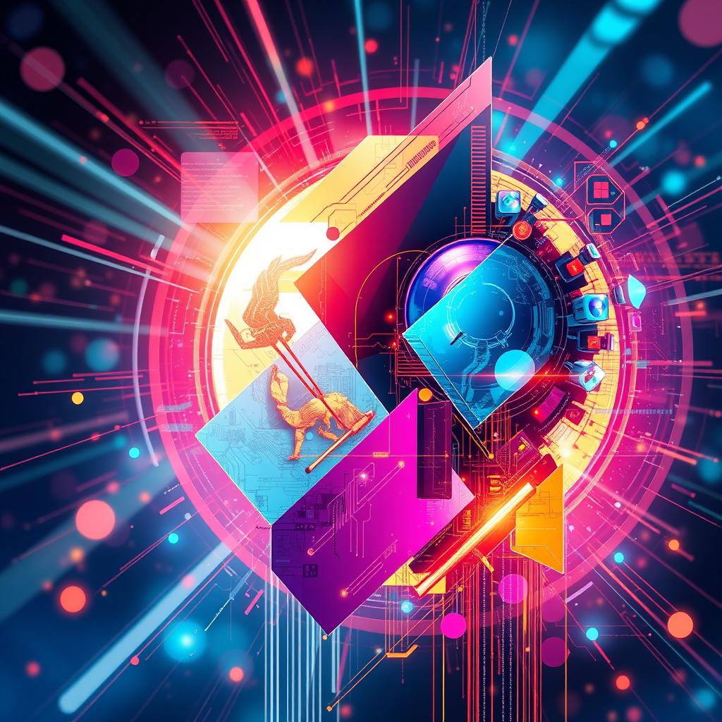 An image featuring an abstract and futuristic representation inspired by the style of artificial intelligence, with vibrant colors and intricate patterns that suggest a blend of technology and creativity