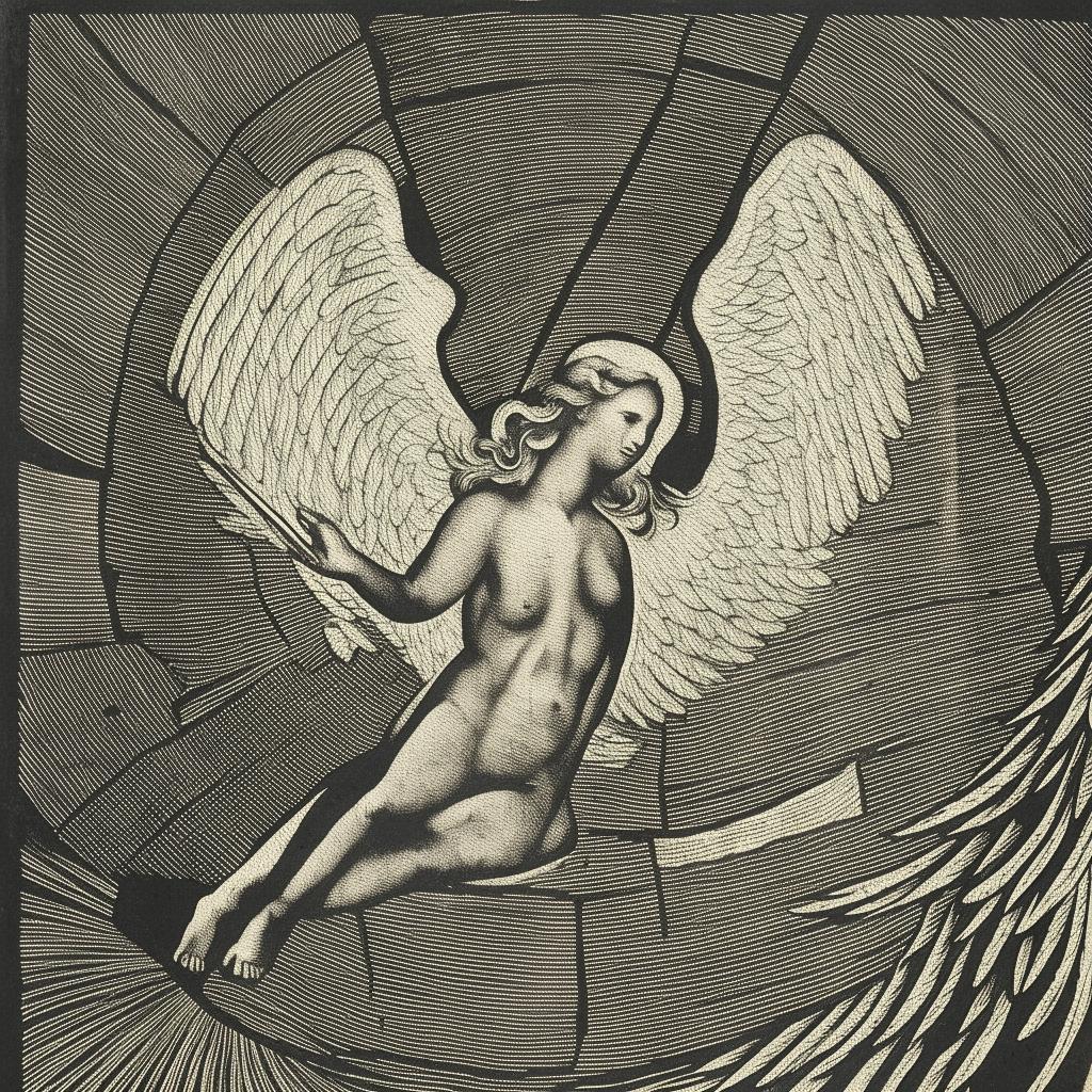 An angelic figure spreading knowledge to earth, portrayed using the technique of wood printmaking