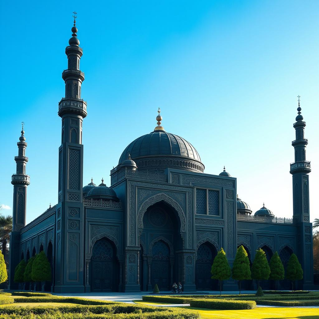 A fully black mosque with intricate designs and patterns, reflecting traditional Islamic architecture