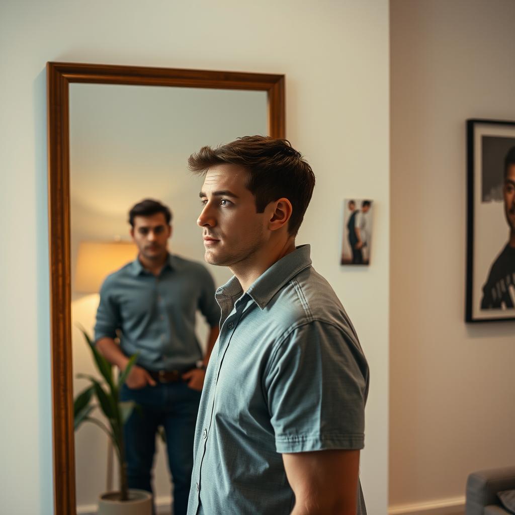 A scene depicting a man standing in front of a mirror where his reflection is completely out of sync with his movements