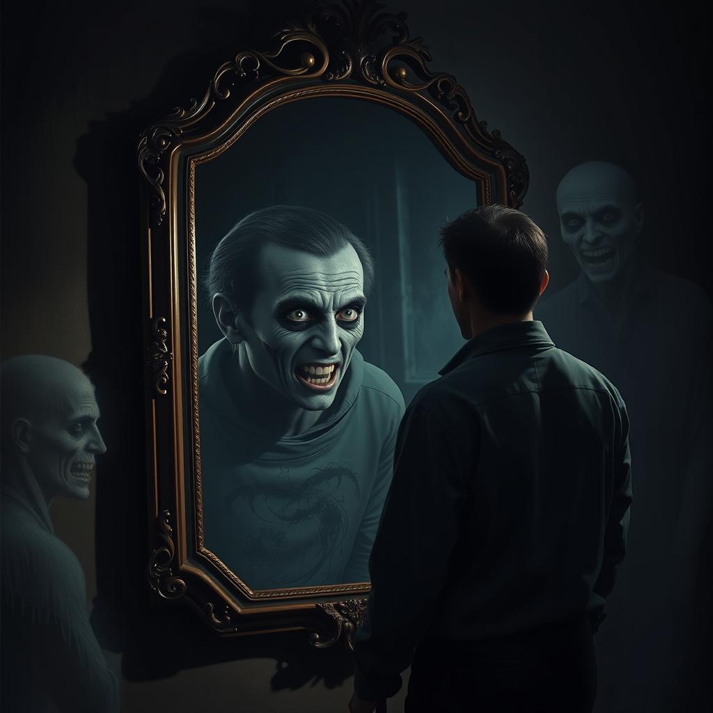 A scene depicting a man standing in front of a mirror, with his reflection showing a twisted, sinister version of himself