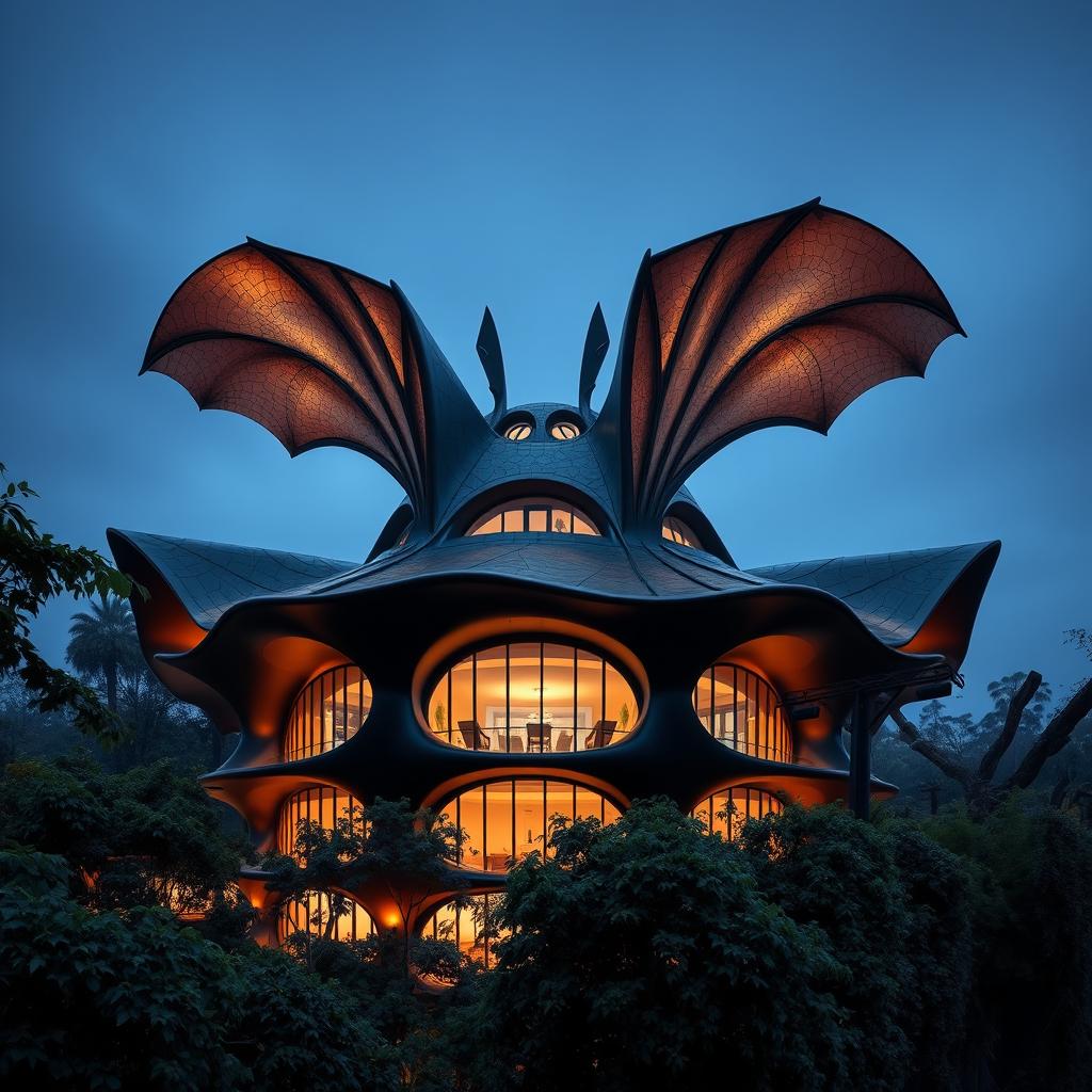 Architecture inspired by a bat, featuring flowing organic shapes, large wings as roof structures, and a dark color palette with hints of iridescent textures