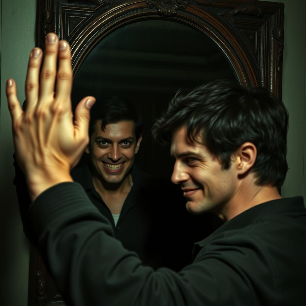 A man raising his hand in front of a mirror, with his reflection not mimicking the action, instead displaying a sinister smile
