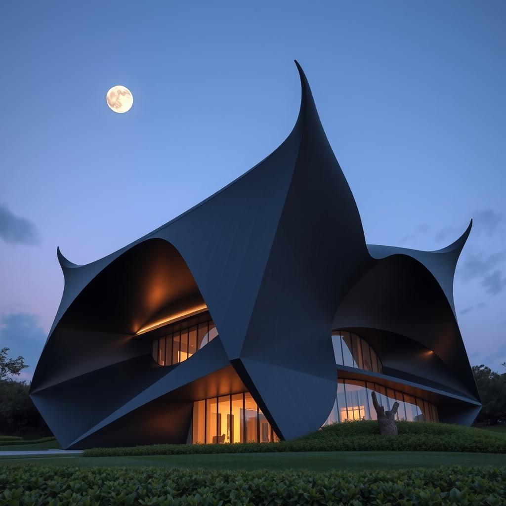 A stunning architectural design inspired by a bat, featuring large, sweeping wings that resemble the wingspan of a bat in flight