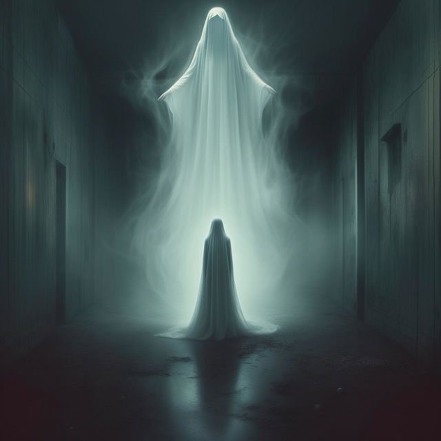 A haunting yet aesthetically pleasing album cover art for a song with the lyrics 'but you feel like a ghost', showing ethereal and spectral themes