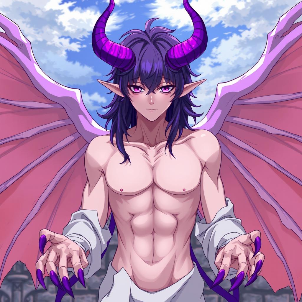 A human being reincarnated with demonic features in anime style, showcasing a captivating figure that is distinctly human yet heavily influenced by demonic traits