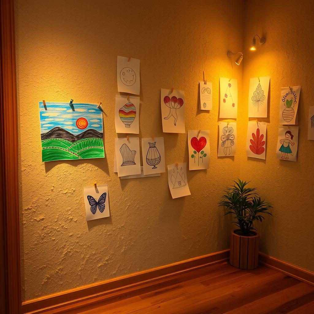A cozy and artistic room with a textured wall, showcasing various colorful drawings pinned to it, including a vibrant landscape, abstract art, and whimsical designs