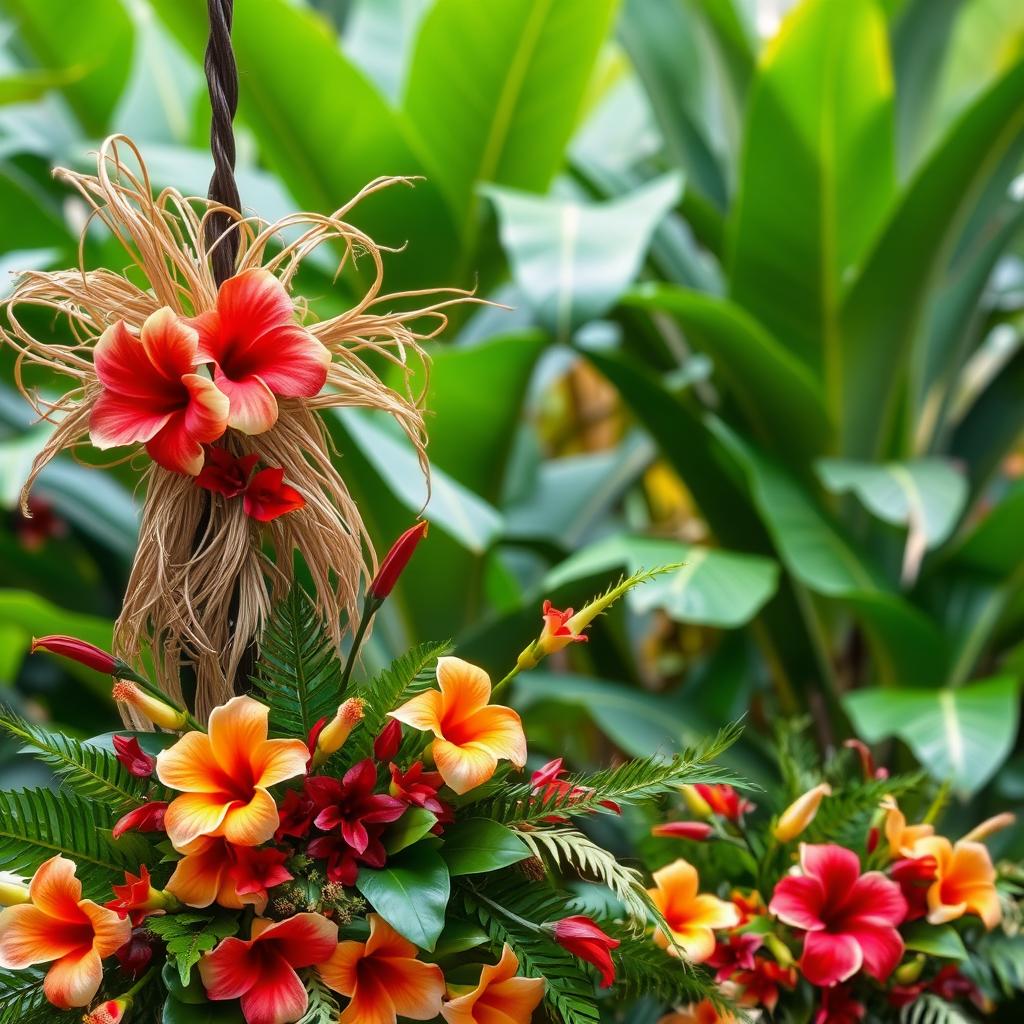A beautiful scene featuring Polynesian decoration, adorned with intricate foliage weaving and vibrant Polynesian flowers