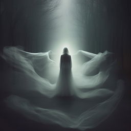 A haunting yet aesthetically pleasing album cover art for a song with the lyrics 'but you feel like a ghost', showing ethereal and spectral themes