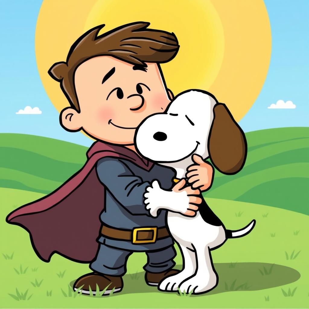 A whimsical and colorful cartoon scene depicting a brave character showing courage while giving a warm hug to Snoopy, the beloved beagle from Peanuts