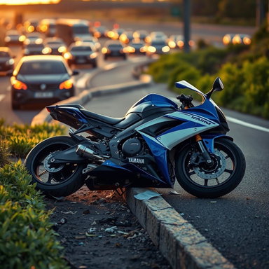 A hyper-realistic scene of a crashed Yamaha R1 motorcycle, laying on ...