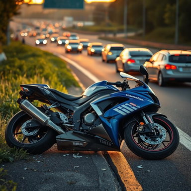 A hyper-realistic scene of a crashed Yamaha R1 motorcycle, laying on ...