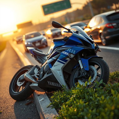 A hyper-realistic scene of a crashed Yamaha R1 motorcycle, laying on ...