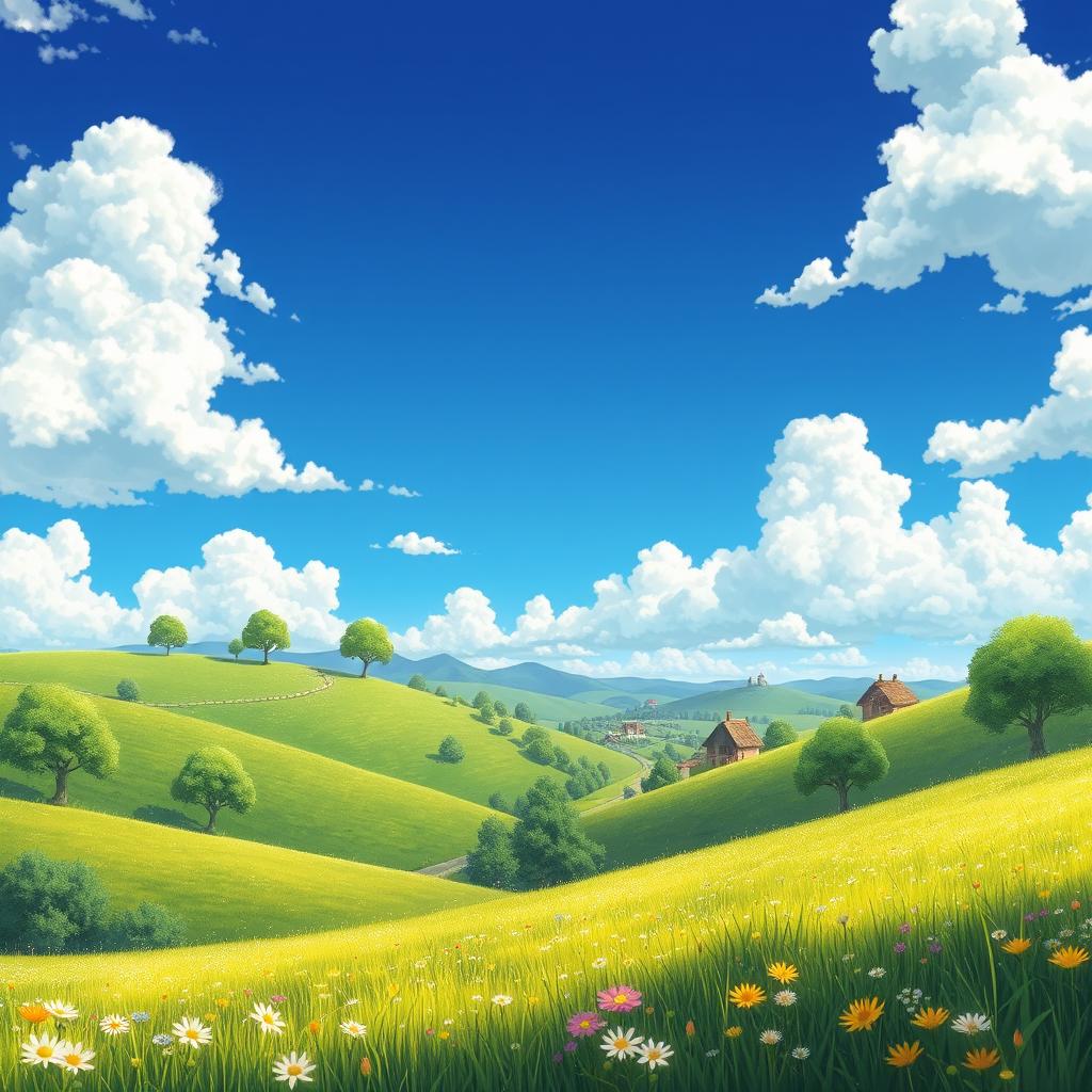 A serene landscape that captures the magical essence of Studio Ghibli films, featuring lush green hills, whimsical trees, and vibrant wildflowers in a sunny meadow