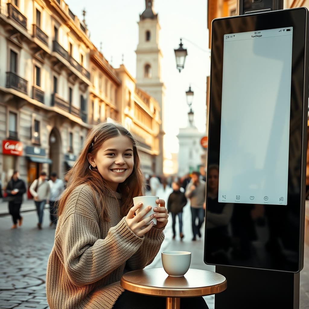 A young girl enjoying a cup of coffee while sitting next to a large electronic board on a bustling classical street
