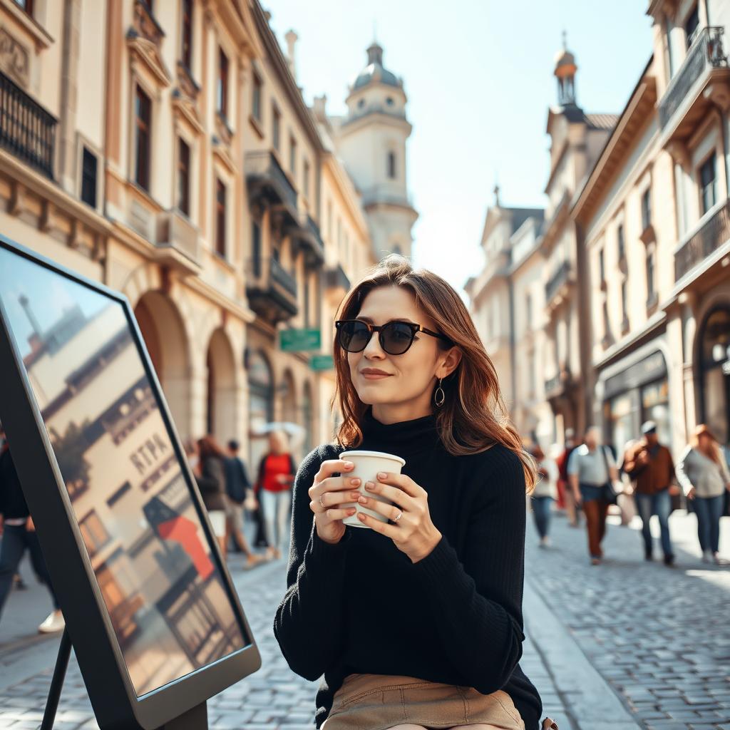 A 35-year-old woman wearing a stylish black sweater is enjoying a cup of coffee while seated next to a large electronic board on a charming classical street