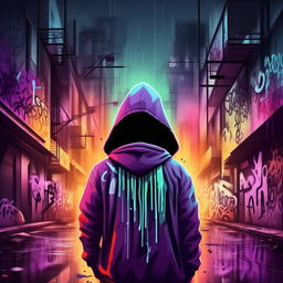 Modify the previous design to reflect a trap rap album, maintain ethereal ghostly themes, but add vibrant graffiti street art elements and heavy urban vibes