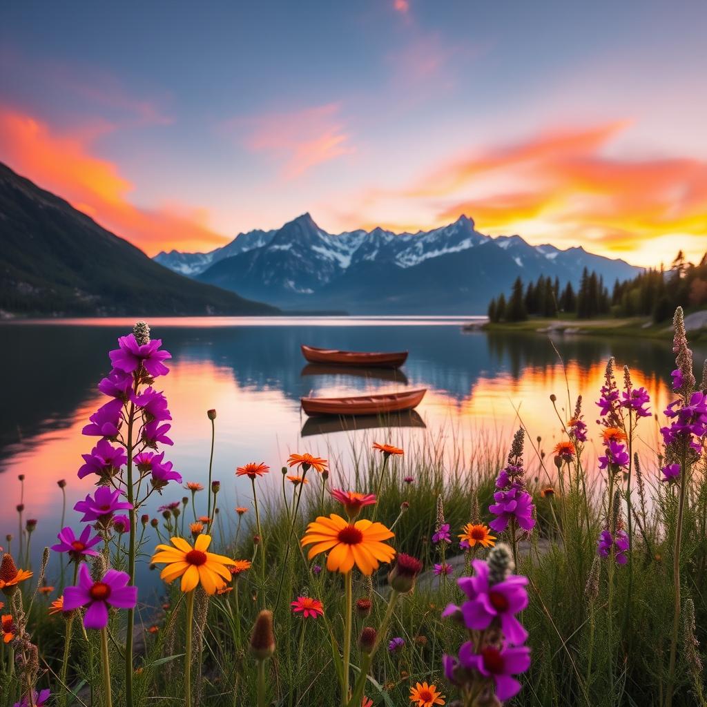 A beautiful landscape during sunset with a serene lake reflecting the orange and pink hues of the sky