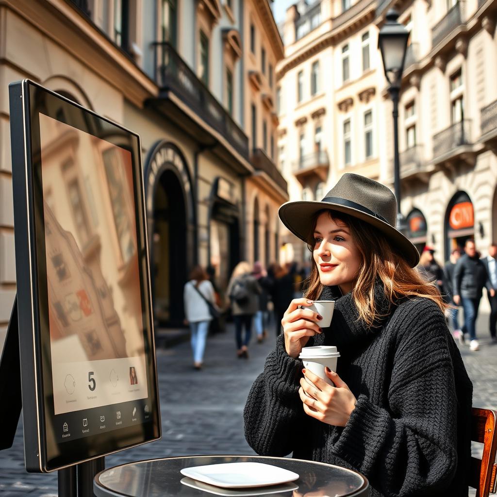 A 35-year-old woman wearing a cozy black sweater and a stylish hat is sipping coffee while seated next to a large electronic board on a charming classical street