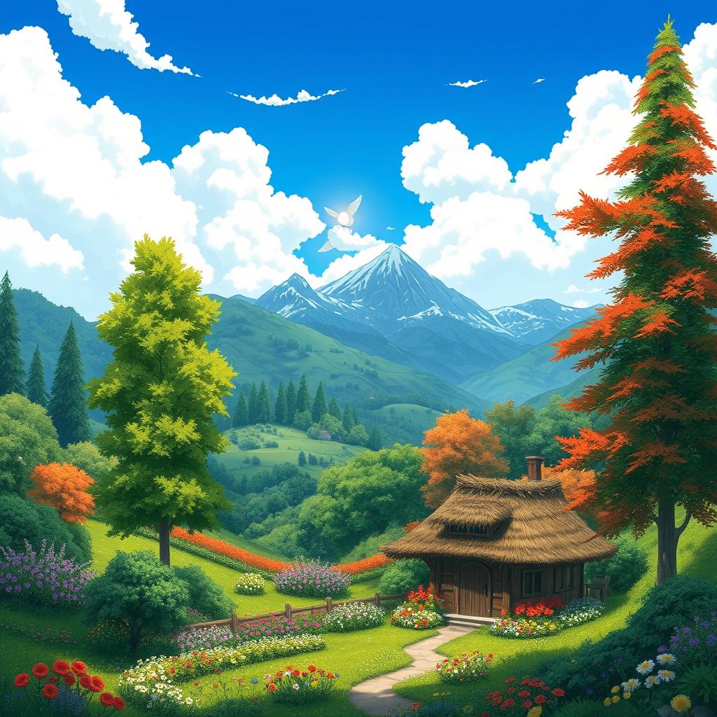 A whimsical landscape inspired by Studio Ghibli, featuring a lush, green valley filled with vibrant flowers and towering trees