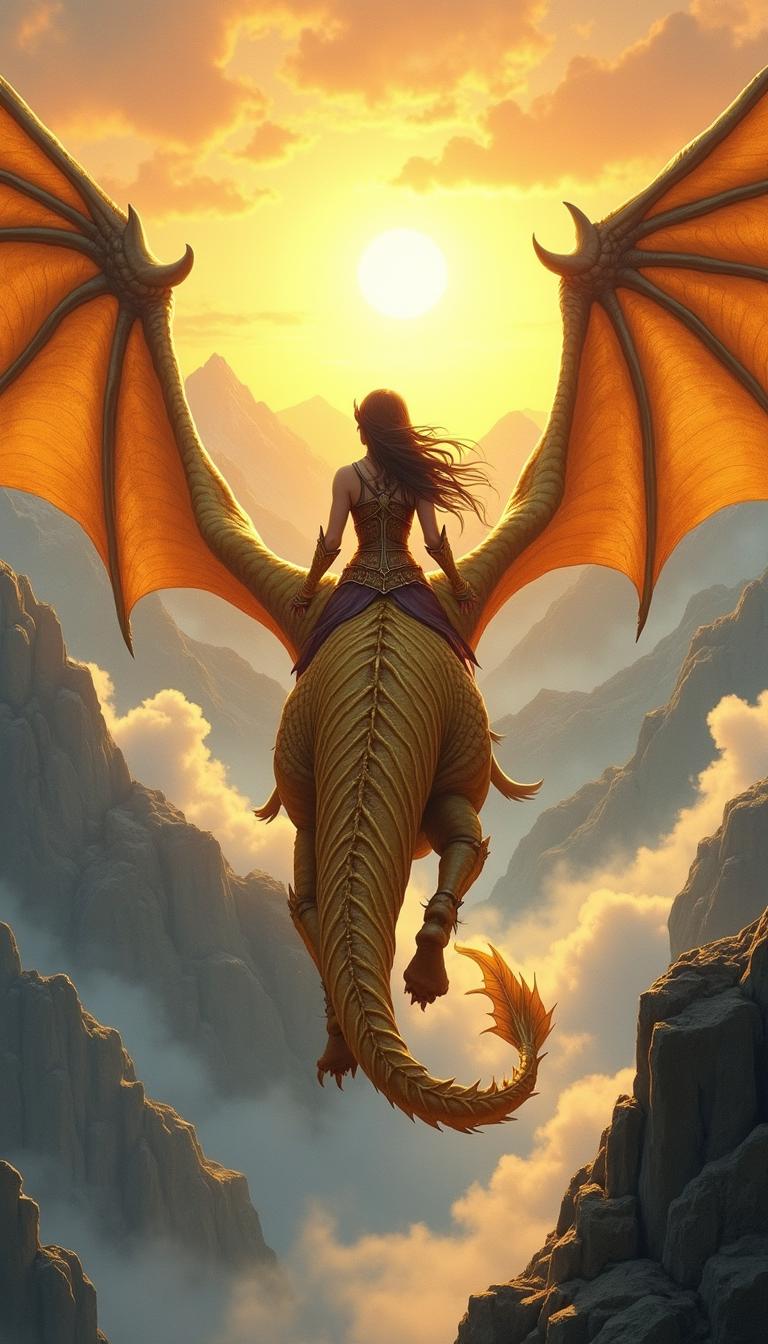 An enchanting fantasy book cover illustration featuring a woman warrior seen from behind, soaring on a magnificent golden dragon whose back is visible as well