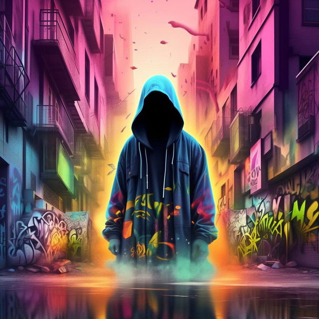 Modify the previous design to reflect a trap rap album, maintain ethereal ghostly themes, but add vibrant graffiti street art elements and heavy urban vibes