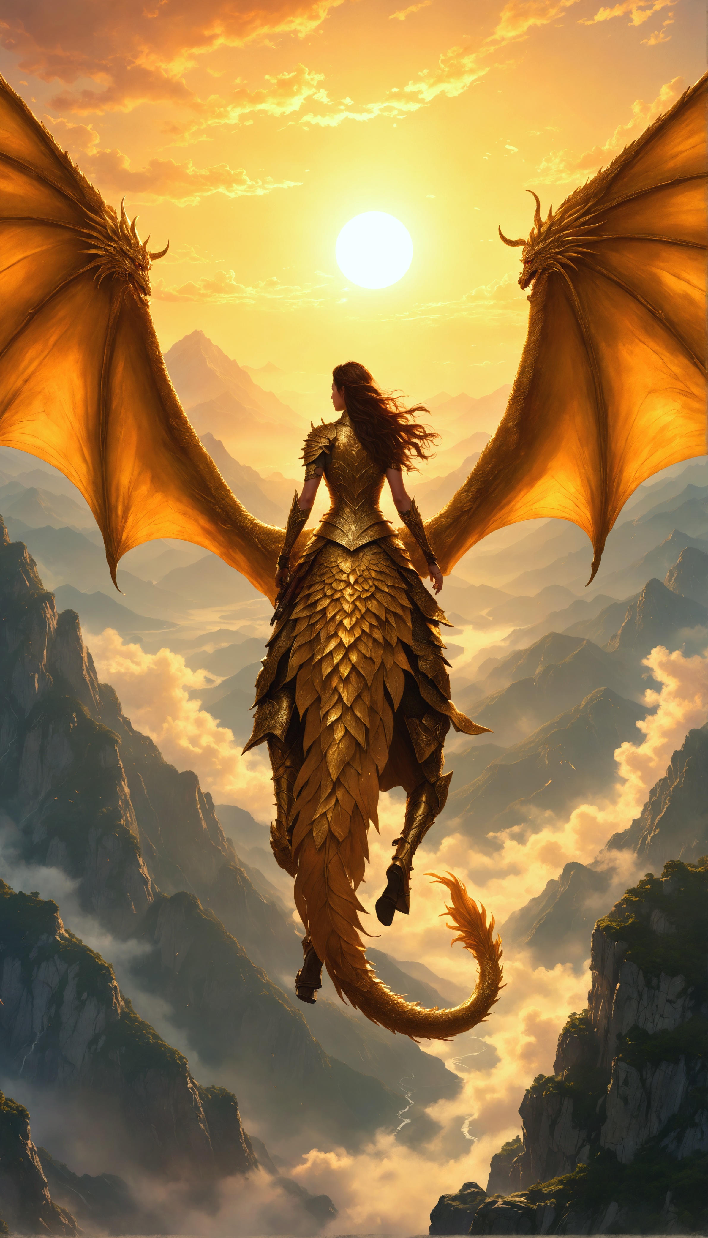 Enchanting Fantasy Book Cover Illustration of a Woman Warrior on a Golden Dragon