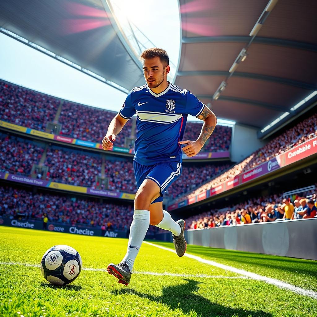 A dynamic scene of a person running with a soccer ball in a vibrant soccer stadium