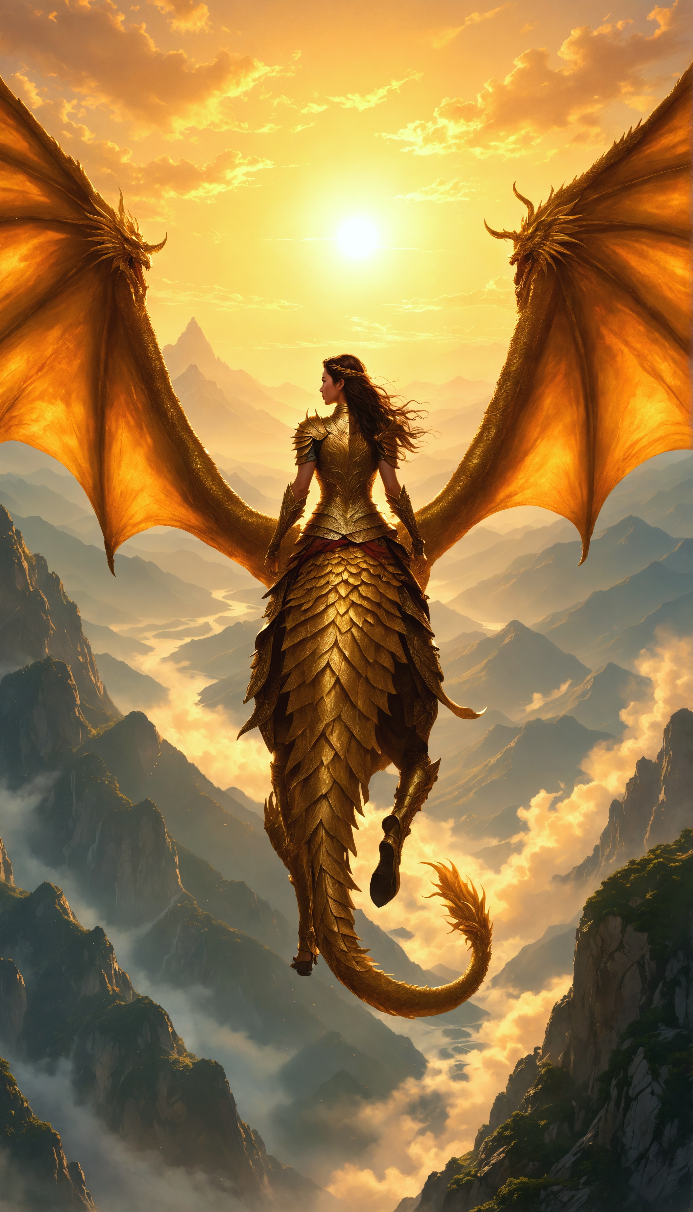 Enchanting Fantasy Book Cover Illustration of a Woman Warrior on a Golden Dragon